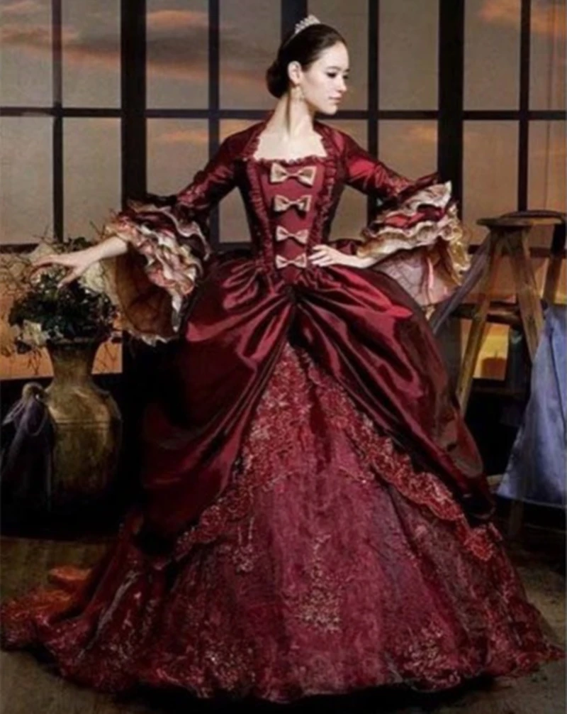 

Vintage Victorian Prom Dress With Bell Long Sleeves Ruched Satin Corset Formal Party Gown Lace Customized Retro Medieval Costume