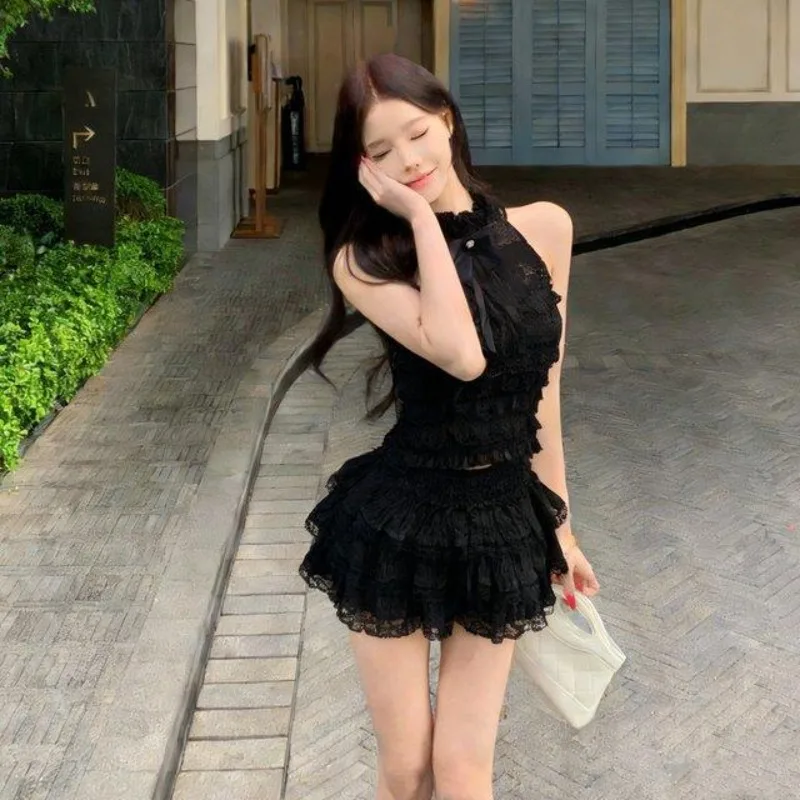 French Style Elegant Two Piece Set Lace Halter Bow Sleeveless Ruched Top Tiered Ruffle Mini Skirt Fashion Aesthetics Streetwear
