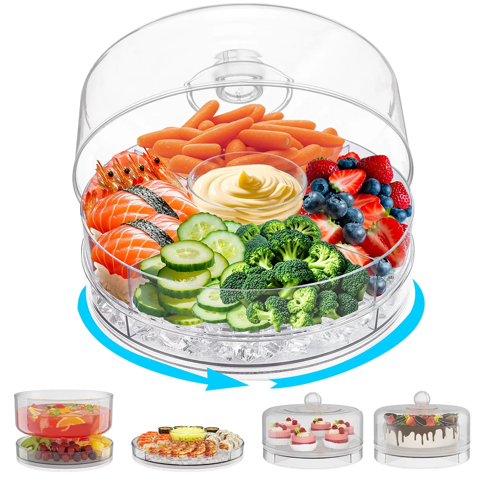 

4-in-1 Rotating Chilled Serving Tray for Parties 9.05" Ice Chilled Party Platter with 4 Compartments Perfect for Fruit Cake