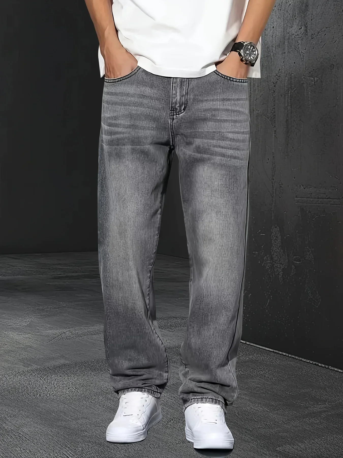 Men's solid color non-stretch machine washable denim trousers, comfortable and casual to wear in all seasons