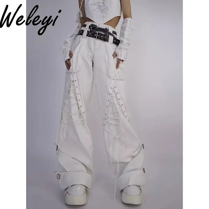 

Original Y2k Punk Bandage Double Waist White Jeans Pants Woman 2024 New Casual Baggy High Streetwear Low Waisted Strap Jeans