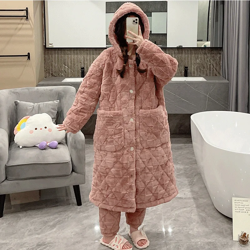 Winter Thickened Flannel Pajamas Set Hooded Long Robe Female Cotton-Padded Coral Fleece Sleepwear Pijamas Plus Size Home Wear