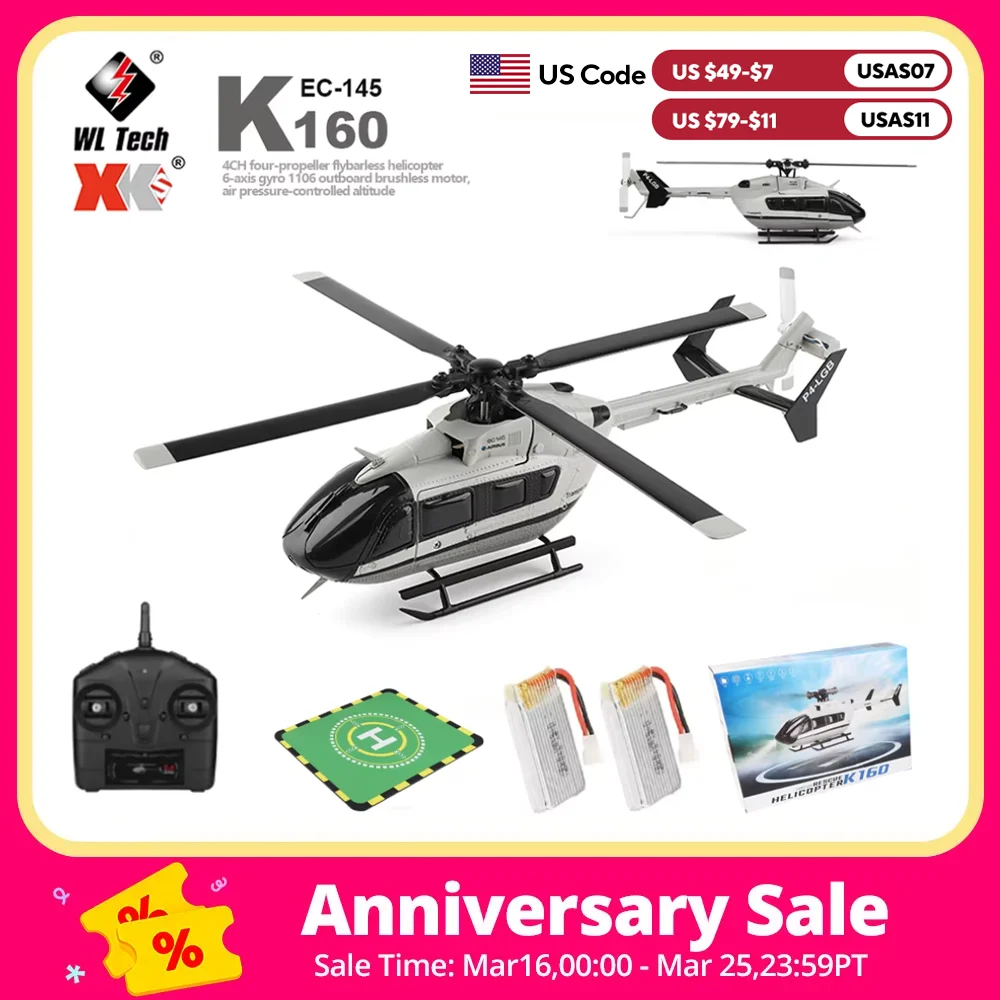 

WLtoys K160 4CH RC Helicopter EC-145 6-Axis Gyro Brushless Fixed Altitude Model Airplane Simulation Remote Control Toys US Ship