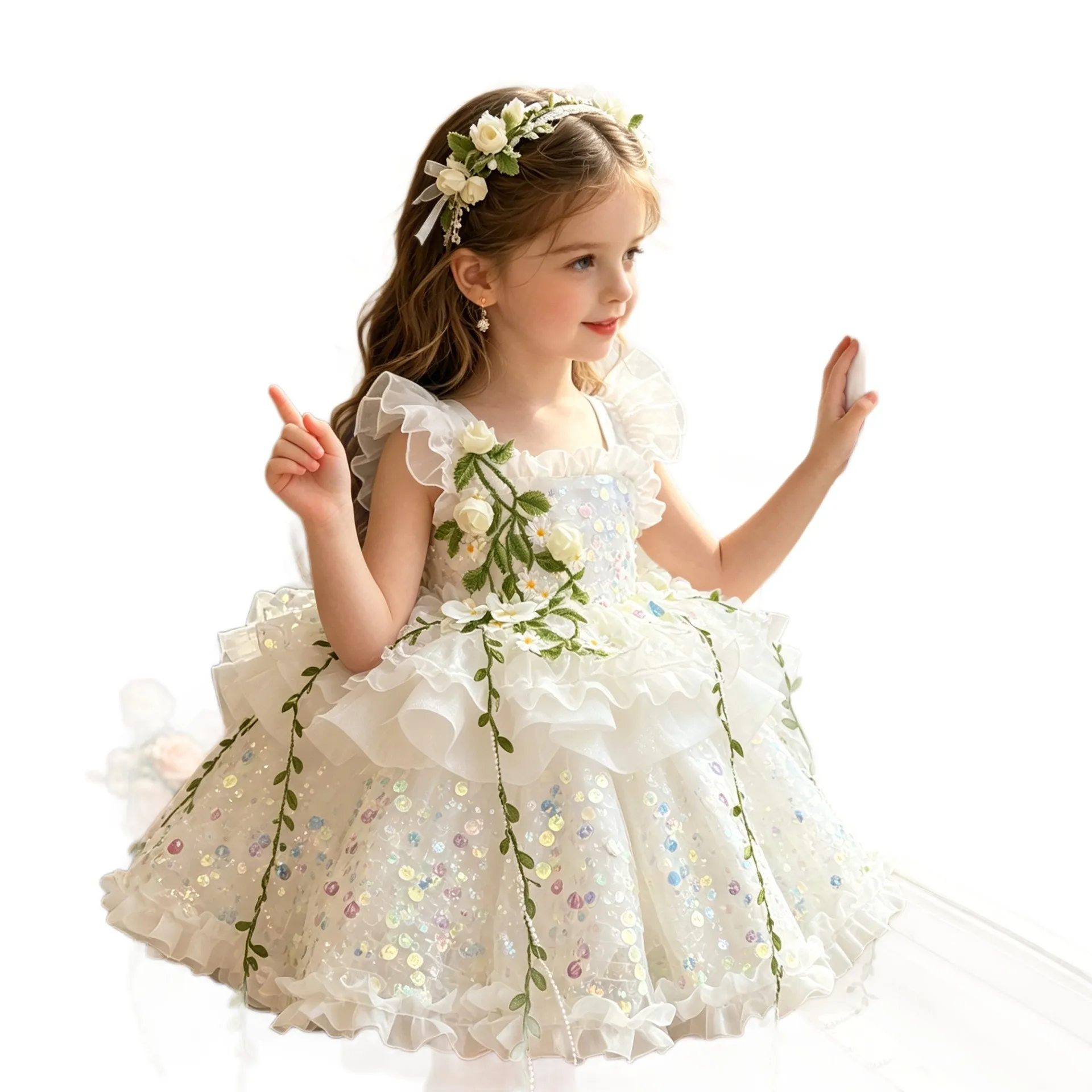 Weißes Paillettenkleid für Kinder, Lolita-Prinzessinnenkleid, Rüschen, ärmellos, 3D-Blumenranken-Dekor, gerüschter Tüllrock, Hochzeits-Blumenmädchen-Outfit – Detail 4