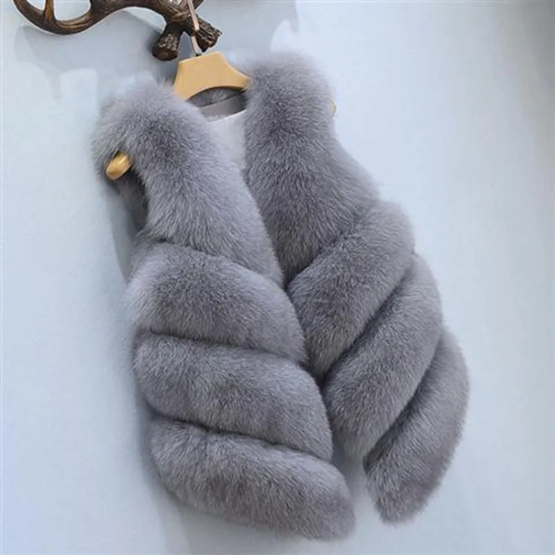 

Женский роскошный черно-серый градиентный жилет из искусственного меха лисы, теплый зимний пушистый жилет без рукавов средней длины, верхняя одежда, зимнее пальто