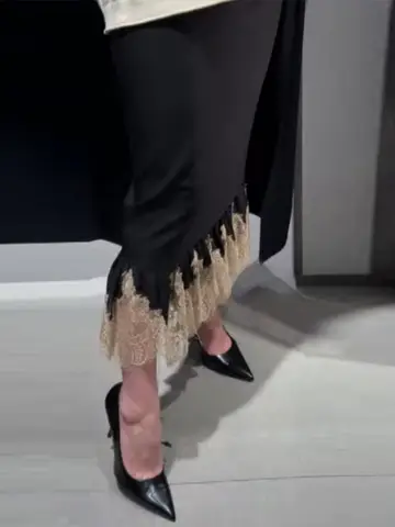 Women's Black Midi Skirt Lace Hem A-line High Waist Slim Skirts 2026 Spring Autumn Female Dinners Parties Daily Matching