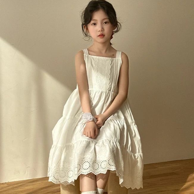 

Girls Skirt 2025 Summer New Children's Clothing Korean Style Girl Baby Fashion Pure Color Lace Halter Skirt Casual Simple Daily