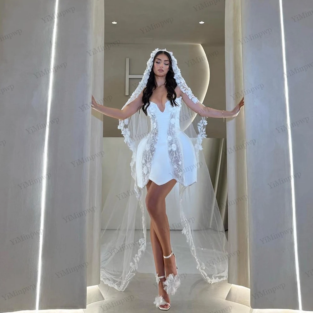 

Flowers Mini Wedding Dresses Strapless Strapless Applique Straight vestidos de novia Short Luxuries Party Gowns Customized