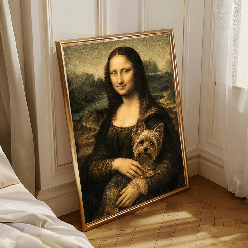 Funny Mona Lisa with Dachshund Orange Cat Schnauzer Poster Canvas Painting Print for Wall Art Living Room Home Decor Cuadros