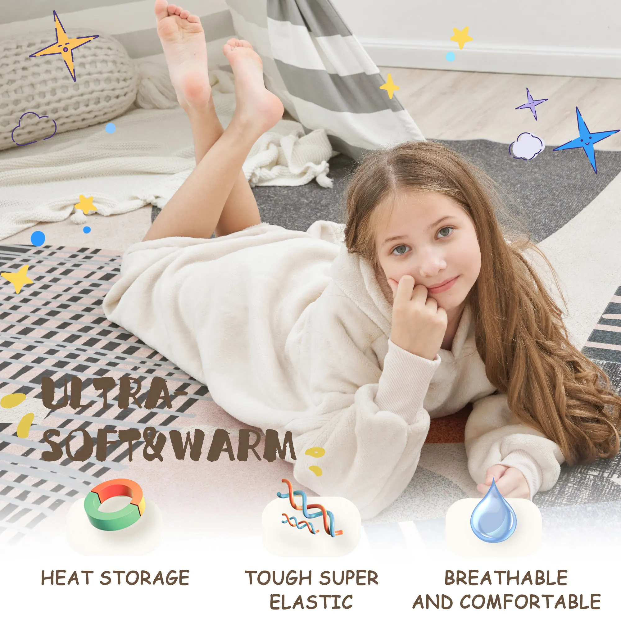 Großer Kinder-Sweatshirt-Pyjama mit Kapuze, mit Bündchen und Taschen, mit Innenseite aus Fleecefutter, hält warm und dick