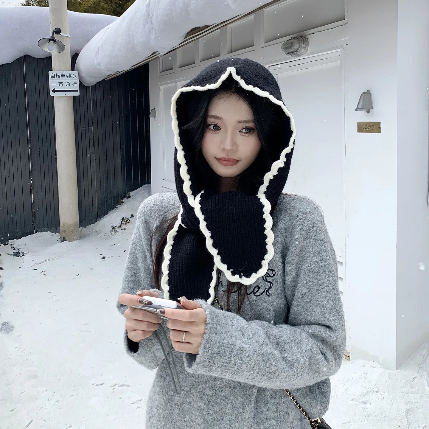 Korean Handmade Knitted Bomber Hat Fresh Sweet French Warm Ear Hooded Women Autumn Winter Straps Wool Beanie Cap