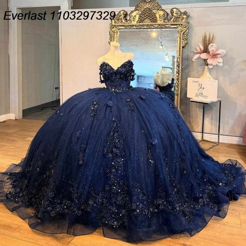 

EVLAST Mexican Navy Blue Quinceanera Dress Ball Gown Floral Applique Beaded Crystal Corset Sweet 16 Vestido De 15 Anos QD1030