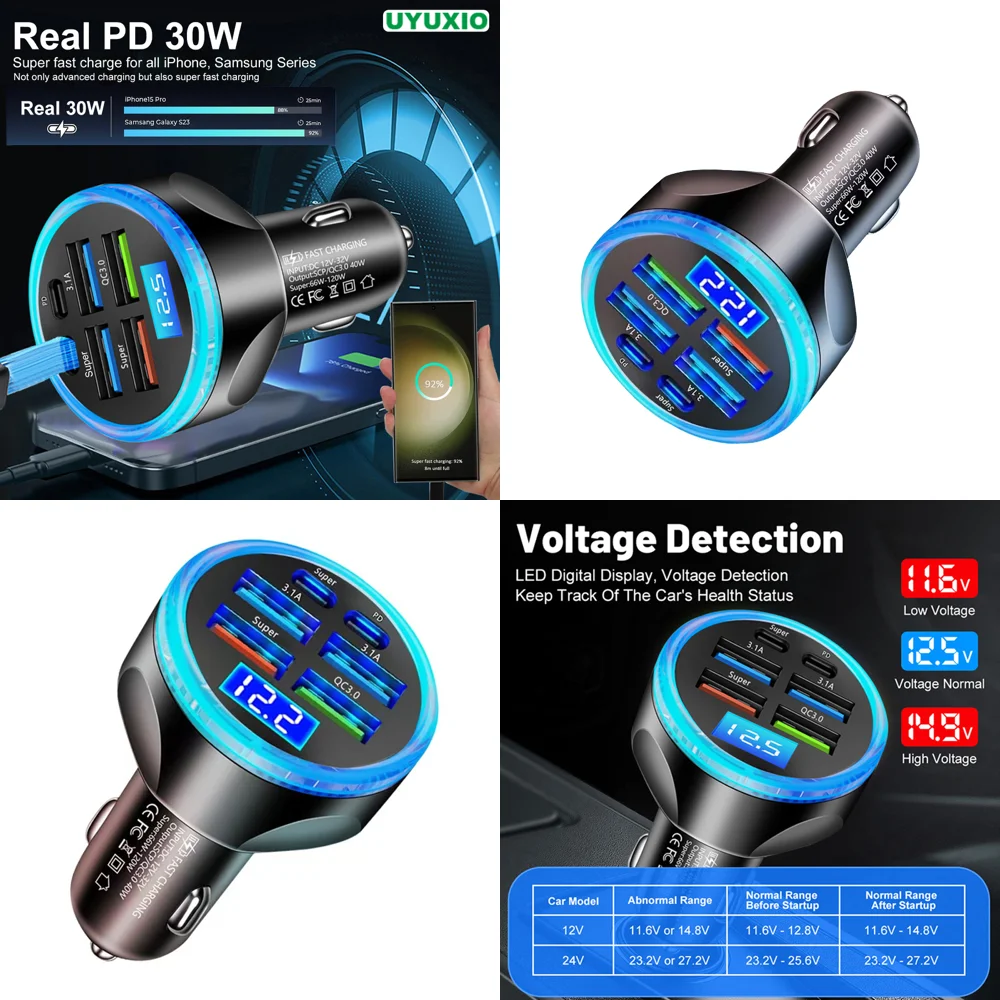 Dropshipping Products 6 in 1 Multi Port Full PD 30W USB C Car Charger Adapter Super Fast Charge in Car with Volt Meter Trending