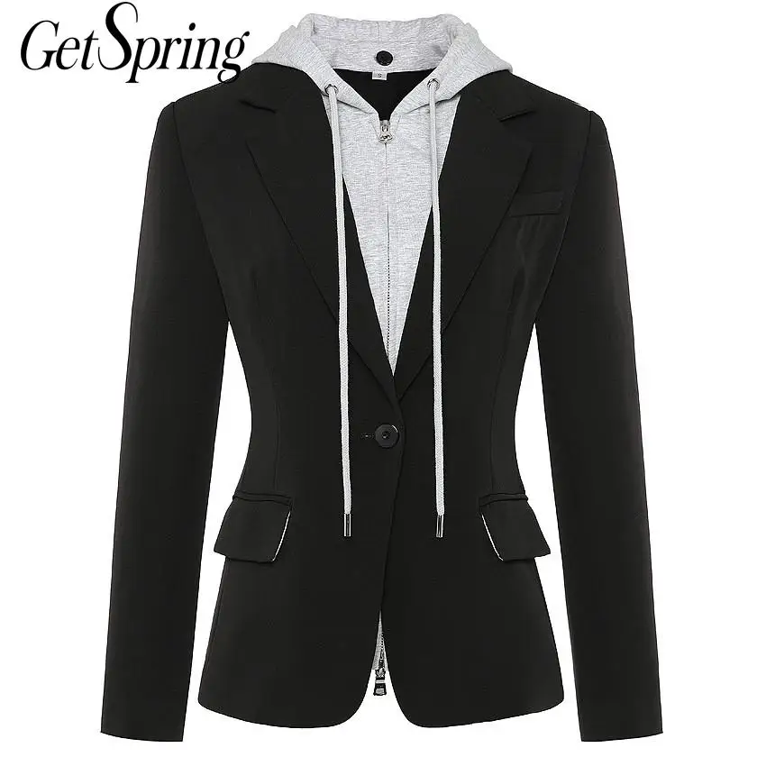 

Getspring Women Suit Blazer Hooded Patchwork Color Matching Vintage Women Blazers Jackets Fake Two Casual Suit Coats