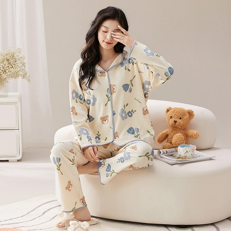 Bear Blue Flower Women Pajamas Set Long Sleeves Long Pants Autumn Winter Cute Kawaii Sleepwear Pyjamas Soft Pijamas Ladies Cozy