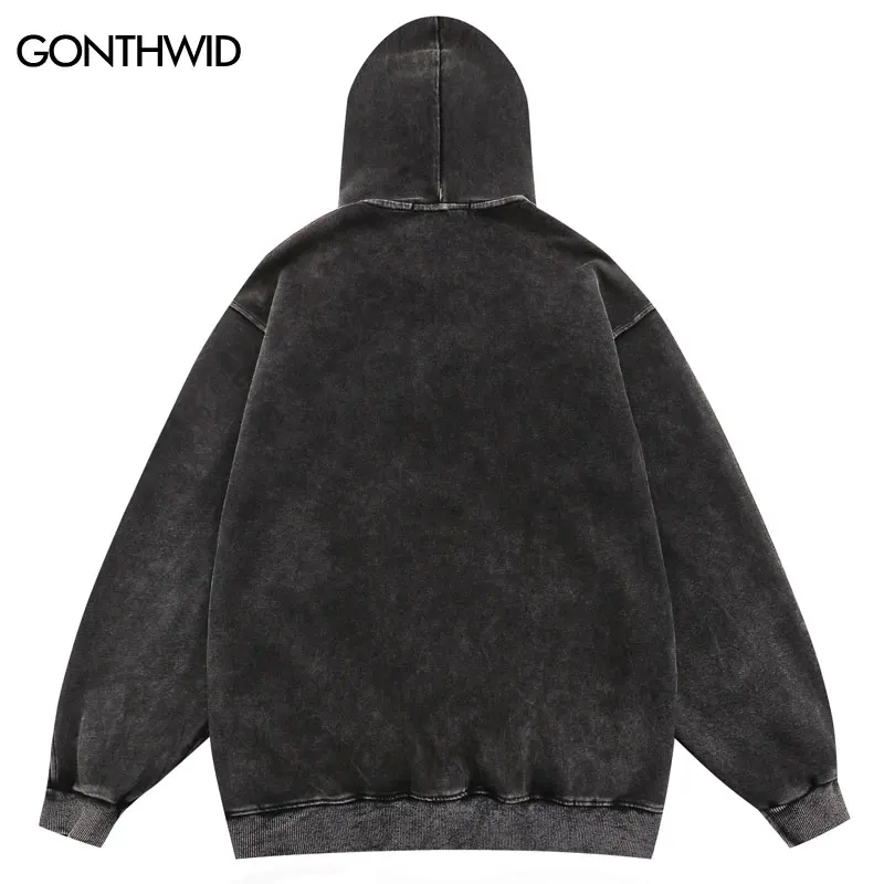 2023 Hip Hop Streetwear Retro Vintage Washed Black Hoodie Sweatshirt Men Embroidery Letter Hoodie Harajuku Hooded Pullover Y2K