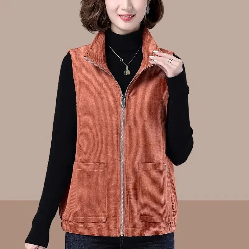 Korean Female Lapel Collar Corduroy Vest Coat Spring Autumn Women Large Size 5XL Waistcoat Jacket 2024 Lady Sleeveless Outerwear