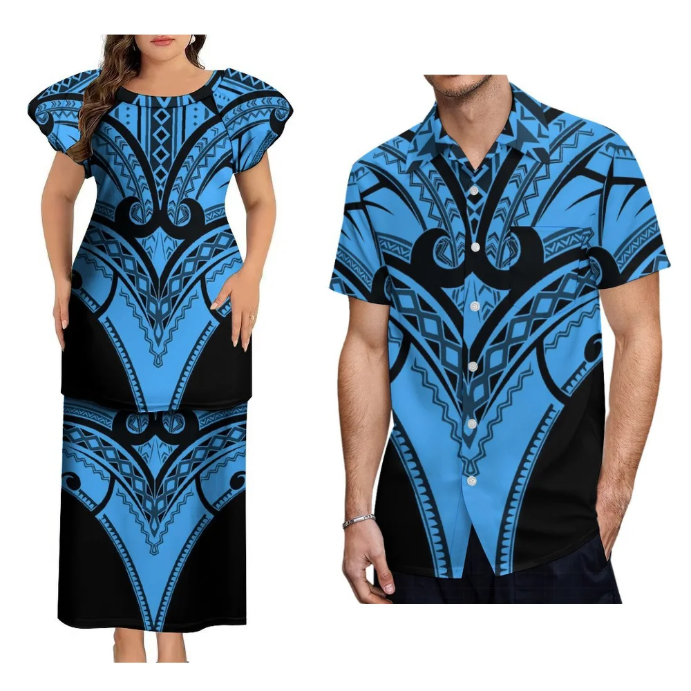 플로럴 프린트 폴리네시안 아일랜드 커스텀 커플 세트, 패셔너블하고 우아한 여성 풀레타시 투피스 남성 비치 휴가 셔츠
