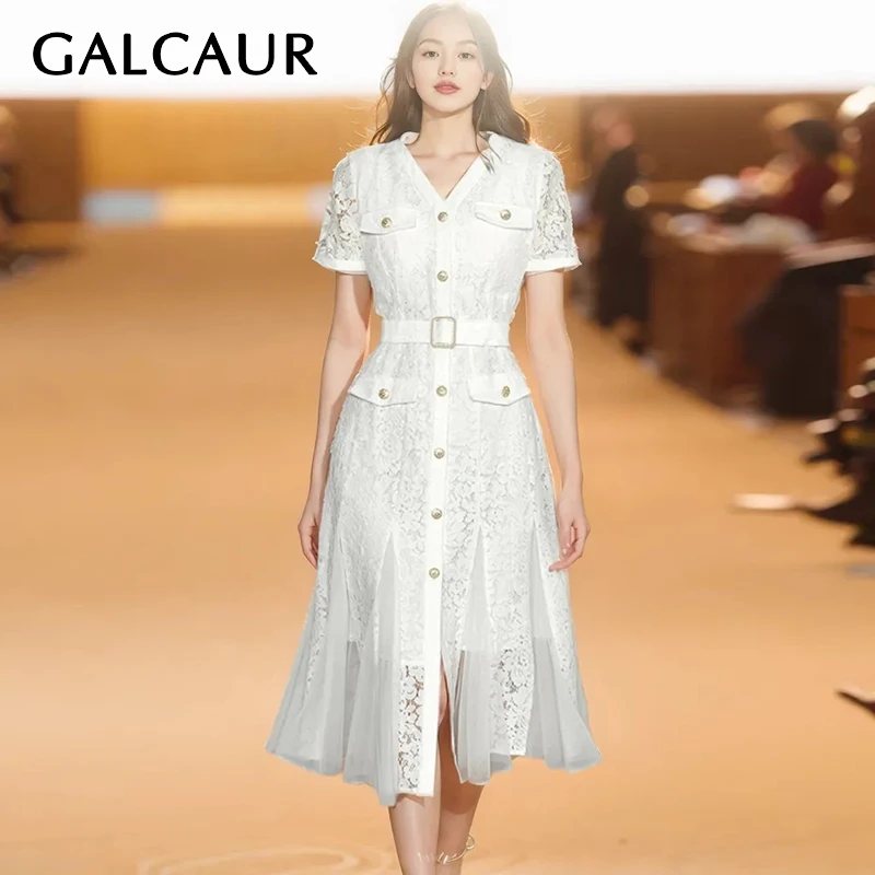 

GALCAUR Spliced Sheer Mesh Dresses For Women Round Neck Short Sleeve High Waist Single Breasted Patchwork Bottn Dress Female New