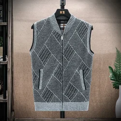 Homens blusas de lã colete 2024 outono inverno velo quente casual zíper cashmere sem mangas sólido camisola de malha veste roupas masculinas