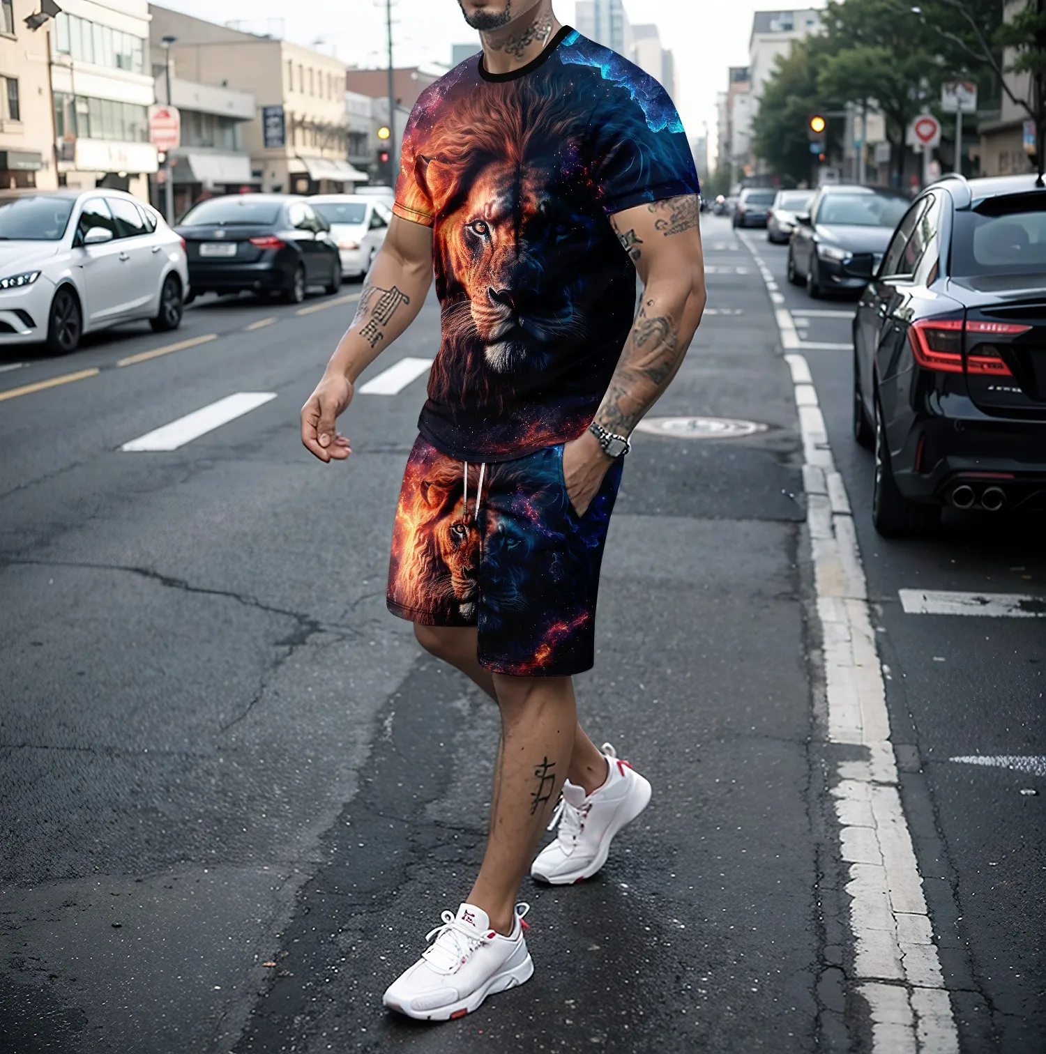Summer new 3D tiger lion print men\'s round neck short sleeved T-shirt shorts set 2-piece high-quality casual street sports set