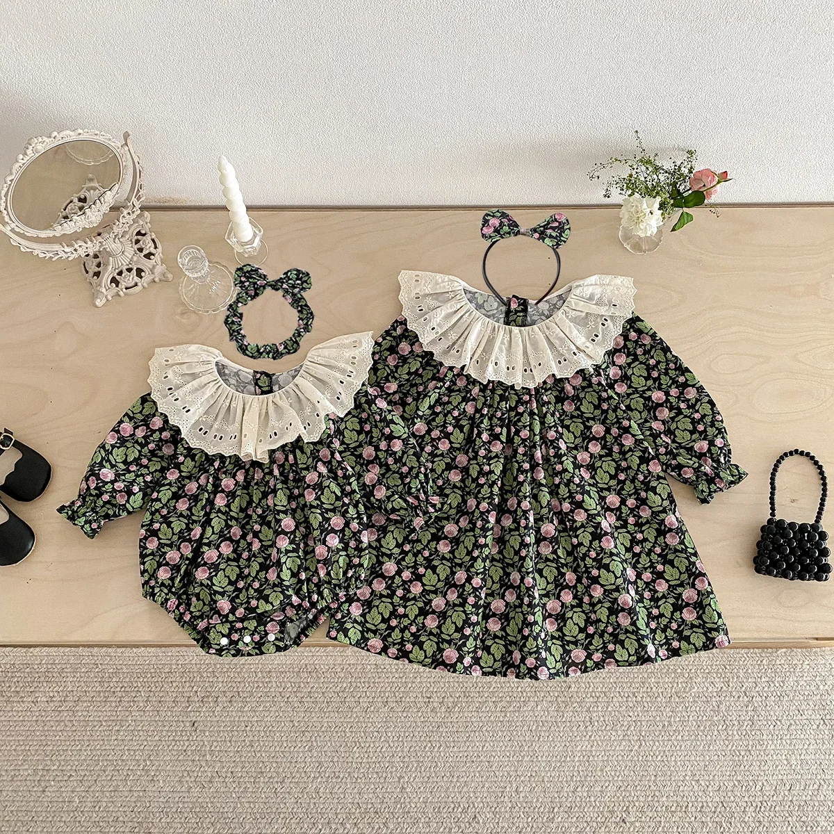 2026 Baby Girl Matching Outfits Floral Print Romper & Dress Set Korean Style Twin Sisters Outfit for Toddler Casual Daily Wear