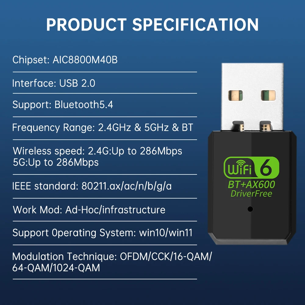 Adaptador wi-fi usb 6 ax600 bt5.4, banda dupla 2.4g/5ghz 802.11ax, antena embutida, placa de rede sem fio, driver grátis para win10/11