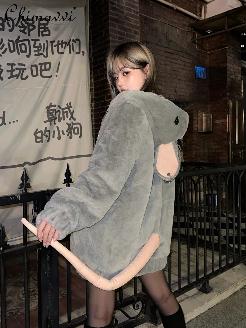 

Japanese Subculture Cute Mouse Plush Jacket Halloween American Y2K Long Sleeve Loose Warm Coat Top 2025 Autumn Winter New
