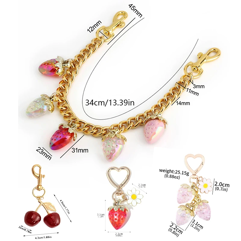 Cute Strawberry Keychain,cherry Bag Charms,Heart Flower Key chains Accessories Decor for Girls Purse Gifts Bag Pendant