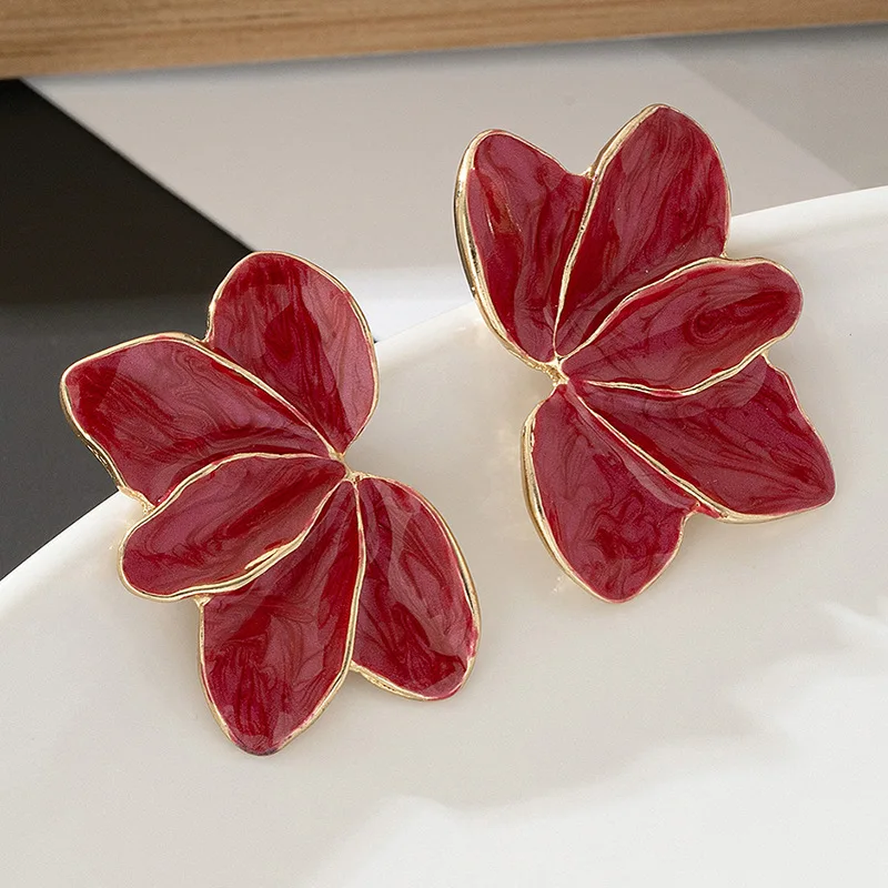 Metal Flower Red Enamel Petal Post Earrings for Women Fashion Jewelry Trendy Styles Holiday Gifts Daily Fancy Accessories