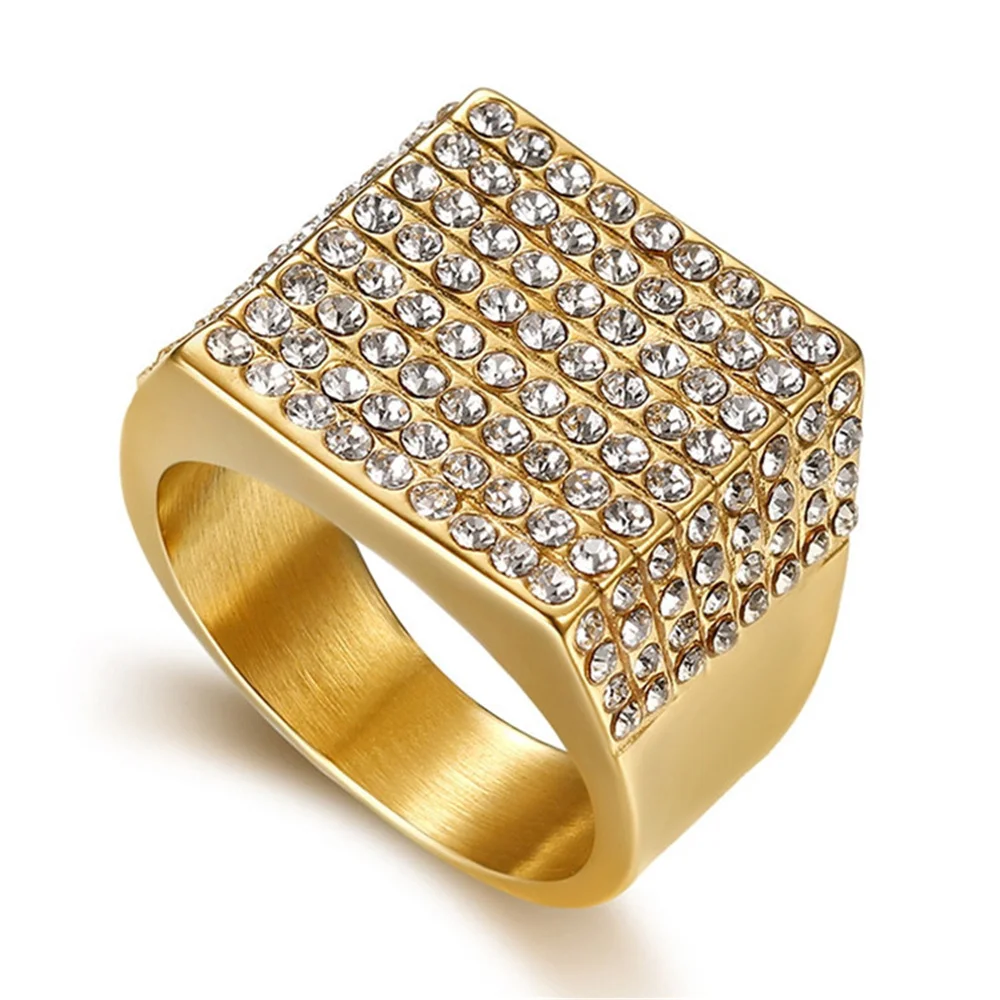 

Hip Hop Iced Out Bling Ring Male Gold Color Stainless Steel Pave CZ Big Square Rings For Men Cool Jewelry Gift Dropshipping