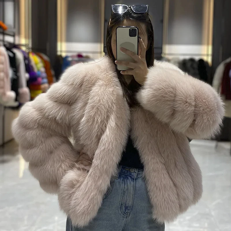 Luxury Pink Womens Real Fox Fur Coat Short Outwear Fashion Elegant Natural Fox Fur Thick Jacket Winter Warm Female Fur Overcoat