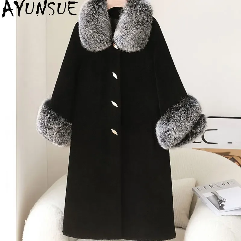 

High Quality 100% Wool Jackets For Women 2024 Winter Elegant Sheep Shearing Coat Women Fur Coats Fox Fur Collar Jackets Casacos