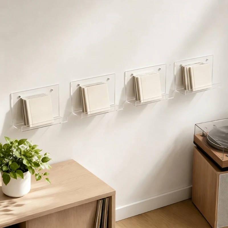 Wandmontierte Halterungen für Musikmedien und kleine Schallplatten, 6 durchsichtige Acrylregale mit offener Platzierung für – Detail 1