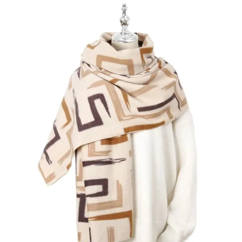 Printed Imitation Cashmere Scarf Autumn Winter Shawl Ladies Warm Scarf Shawl  Poncho Geometric Print Zigzag Heavy Wrap for Women