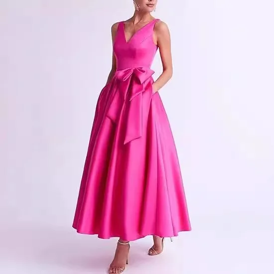 

Hot Pink Wedding Guest Gowns for Women Satin V Neck A Line Mother of the Bride Dress Midi Bow Pockets Formal Prom Evening Party