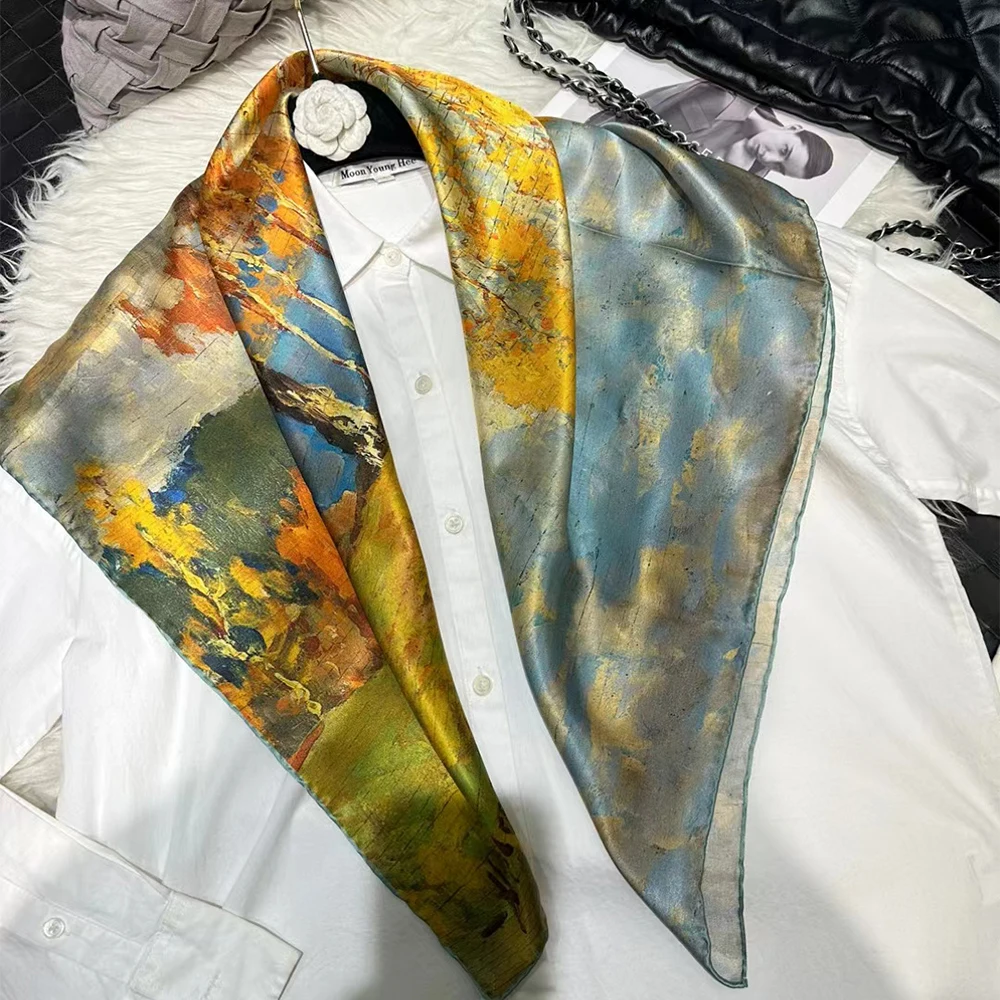 

BYSIFA|Blue Yellow Women Silk Shawls Scarves Fall Winter Birch Wood Design Large Square Scarves Fashion Summer Beach Cover-Ups