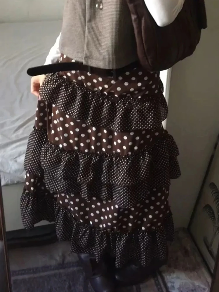 Japanese Sweet Long Skirt Women Kawaii Polka Dots Vintage Spring Cake Skirts Cute Patchwork Loose Casual Harajuku Student Skirt