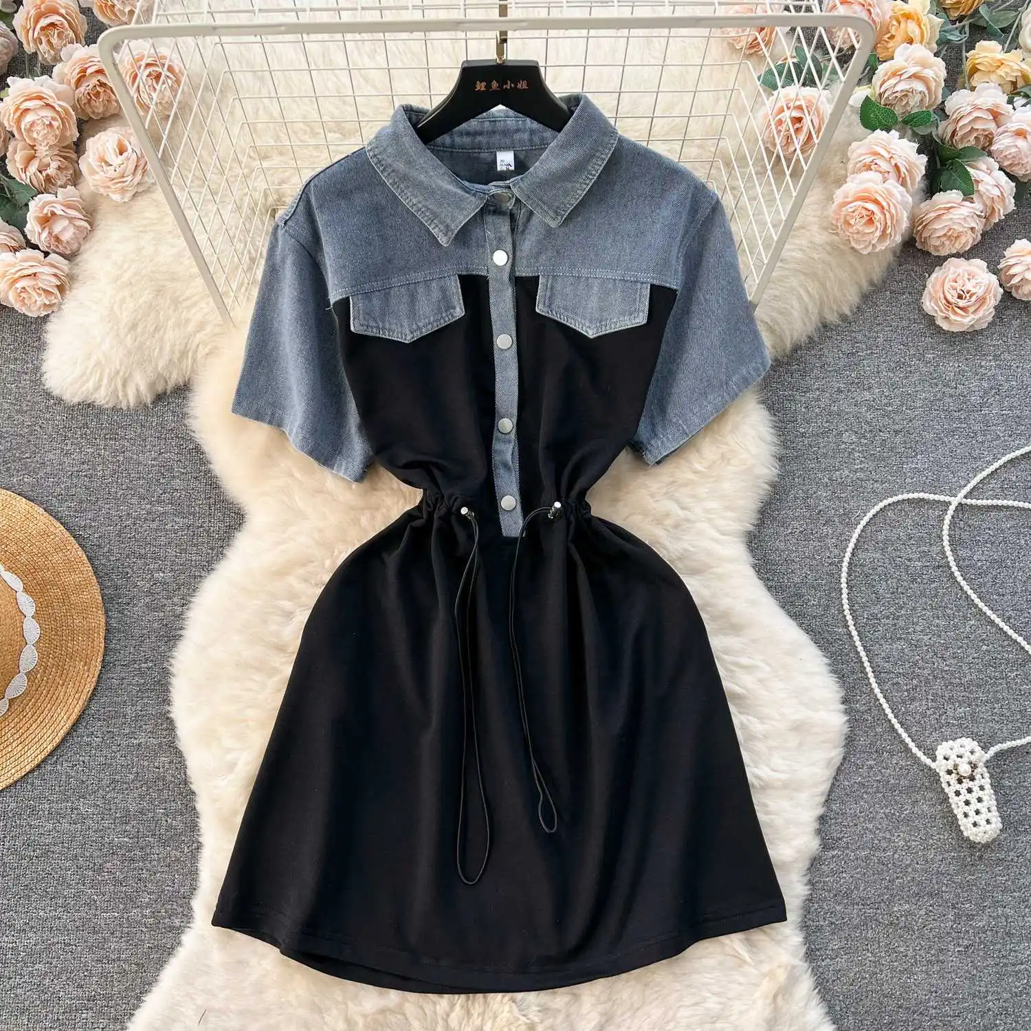 Eleganckie damskie dwuczęściowe koszulki jeansowe z naszywkami, patchworkowe jeansowe T-shirty z krótkim rękawem, sukienki mini w kształcie litery A ze sznurkiem w pasie, Vestidos