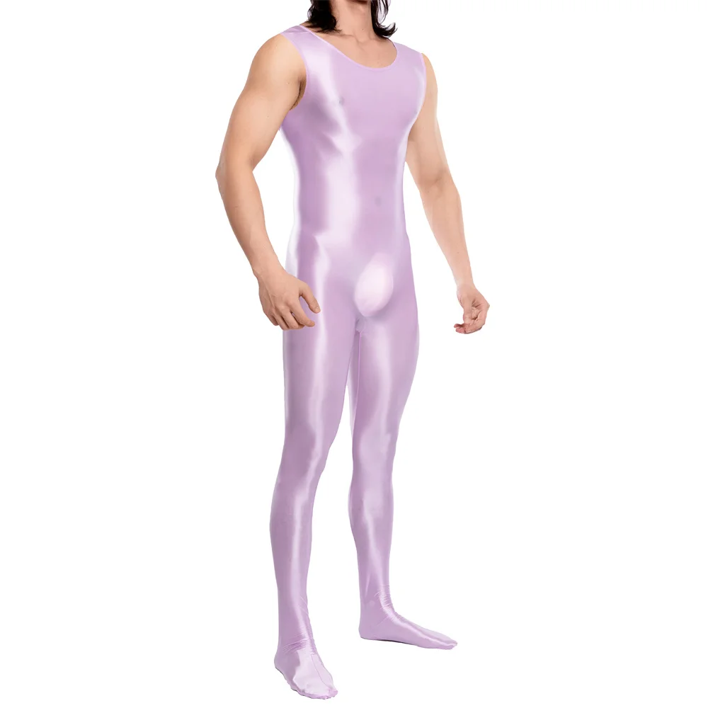 

Sexy Men's Sleeveless Bodysuits Oil Shiny Transparent Full Body Leotards One-pieces Underwear Jumpsuits Solid Stretchy Rompers