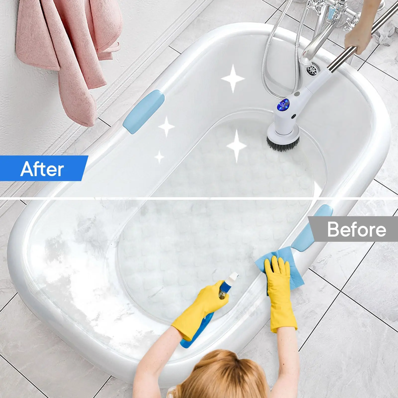 Electric Spin Scrubber Turbo Cleaning Brush with Adjustable Handle 7 Replacement Heads for Kitchen Bathroom