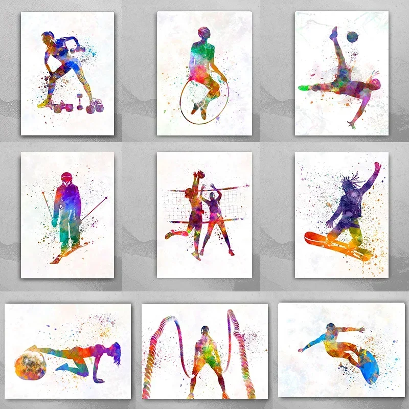 Abstract Watercolor Sports poster sportsman Various Kicking Poses Picture Sports Art Canvas Painting for Living Room Wall Decor