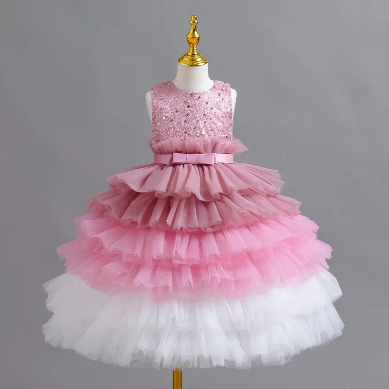 

3-11Y Girl's dress gradient cake Sequins sleeveless princess dresses birthday Luxury Evening Sparkling Fluffy Dress for Girls