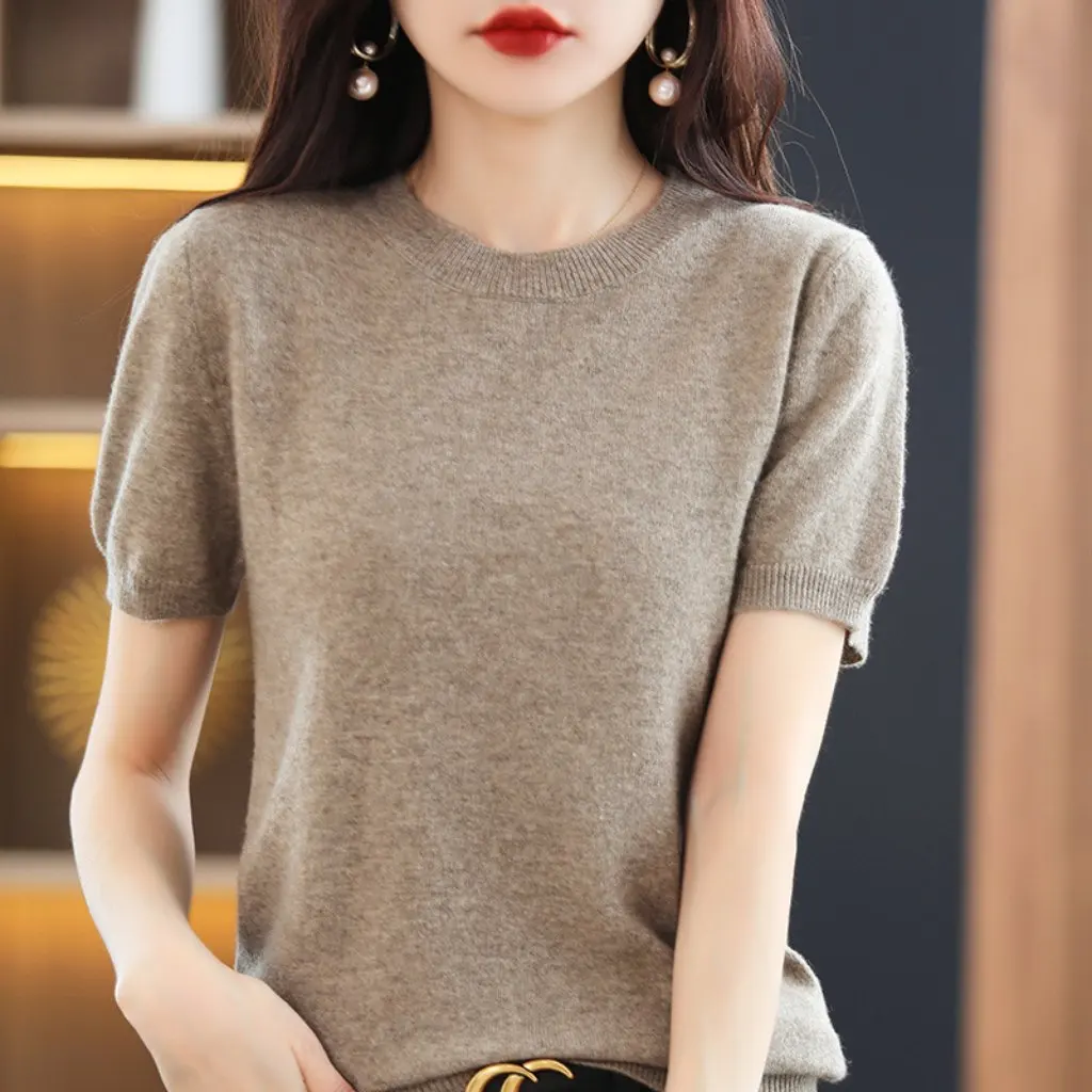 

Women's V-Neck Short Sleeve Sweater Spring T-Shirt Style Base Layer Wool Blend Fashionable Batch Generation