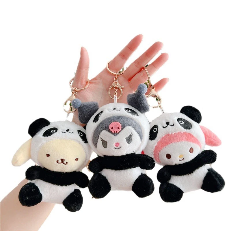 Anime Sanrio Cross-dressing Panda Key Chain Cute Cartoon My Melo Kuromi Pochacco Plush Keychain Kawaii Doll Key Holder