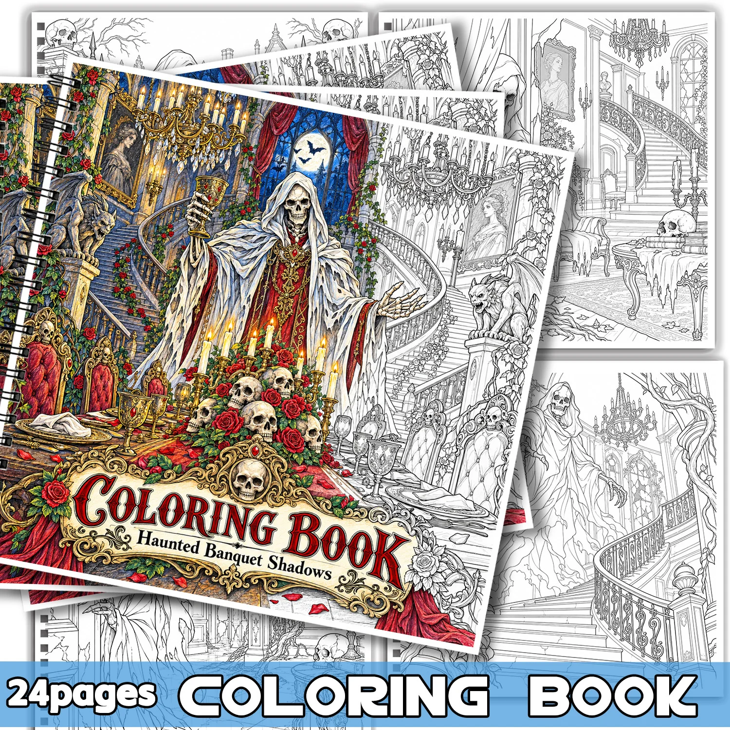 Spiral Binding Coloring Book Haunted Banquet Shadows 24 Pages Gothic Art for Adults Teens Showcasing Creativity Relieving Stress