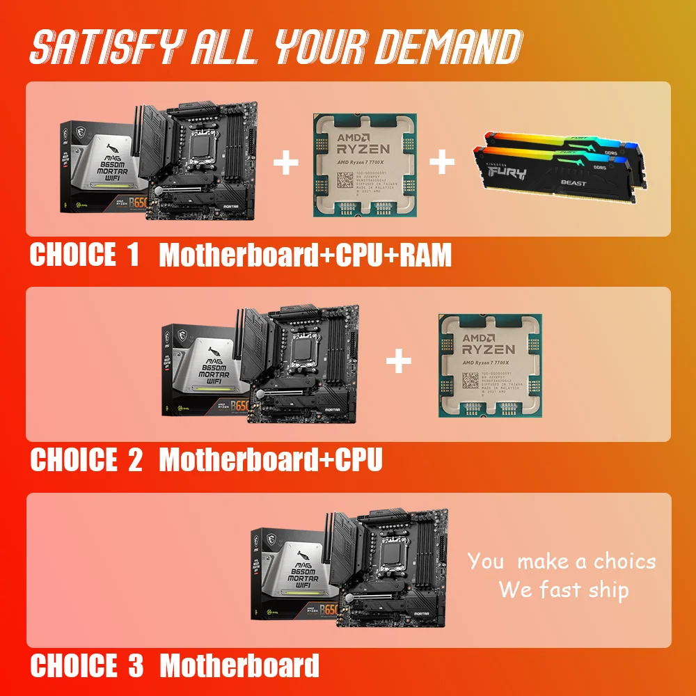 Combo MSI MAG B650M MORTAR WIFI DDR5 Motherboard AM5 With AMD Ryzen 7 7700X Processor Kit Fury 5200MHz DDR5 16G x2 RGB Memory