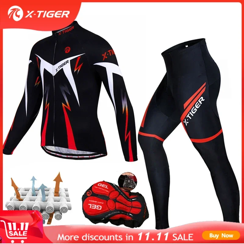 X-TIGER Pro Cycling Jersey Set Long Sleeve Mountain Bike Cycling Clothing Breathable MTB Bicycle Clothes Wear Suit for Mans