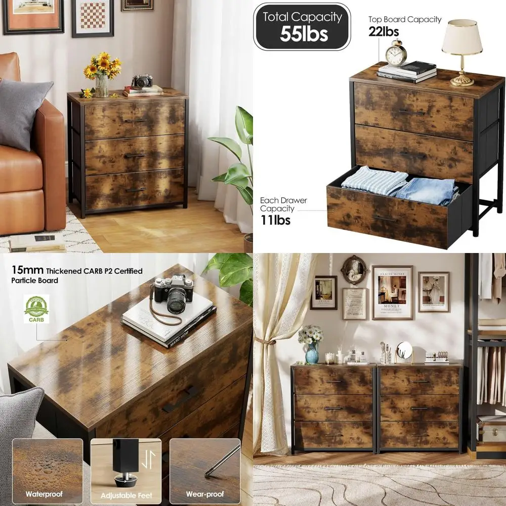 

Bedroom Storage Nightstand with 3 Drawers, Wooden Top, Fabric Chest for Living Room