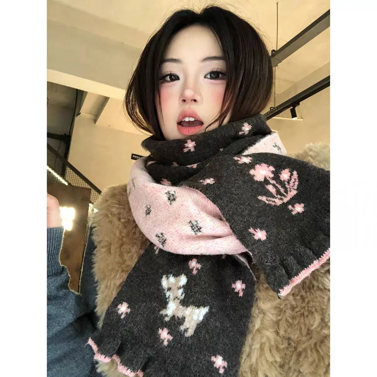 Women's Kawaii Scarf Sweet Style Warm Scarf Double Faced Knit Scarf Winter High-End Korean Style Ambiance Thick Warm Wool Scarf